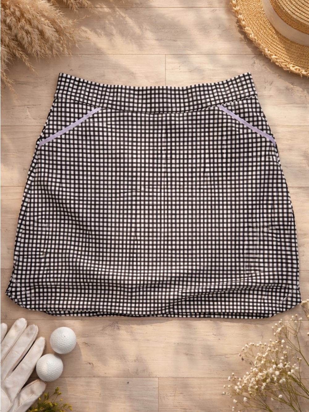 Peter Millar Navy, White, Purple Gingham Golf Skirt with Pocket Trim